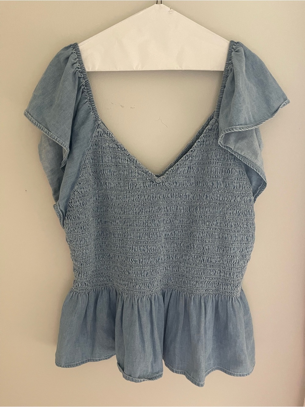 GAP Light Blue Smocked Peplum Blouse with Flutter Sleeves